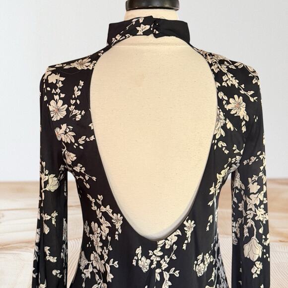 Free People Black Aries Floral Dress Sz S Open Back High Neck Mini Dress Tunic - Picture 8 of 14